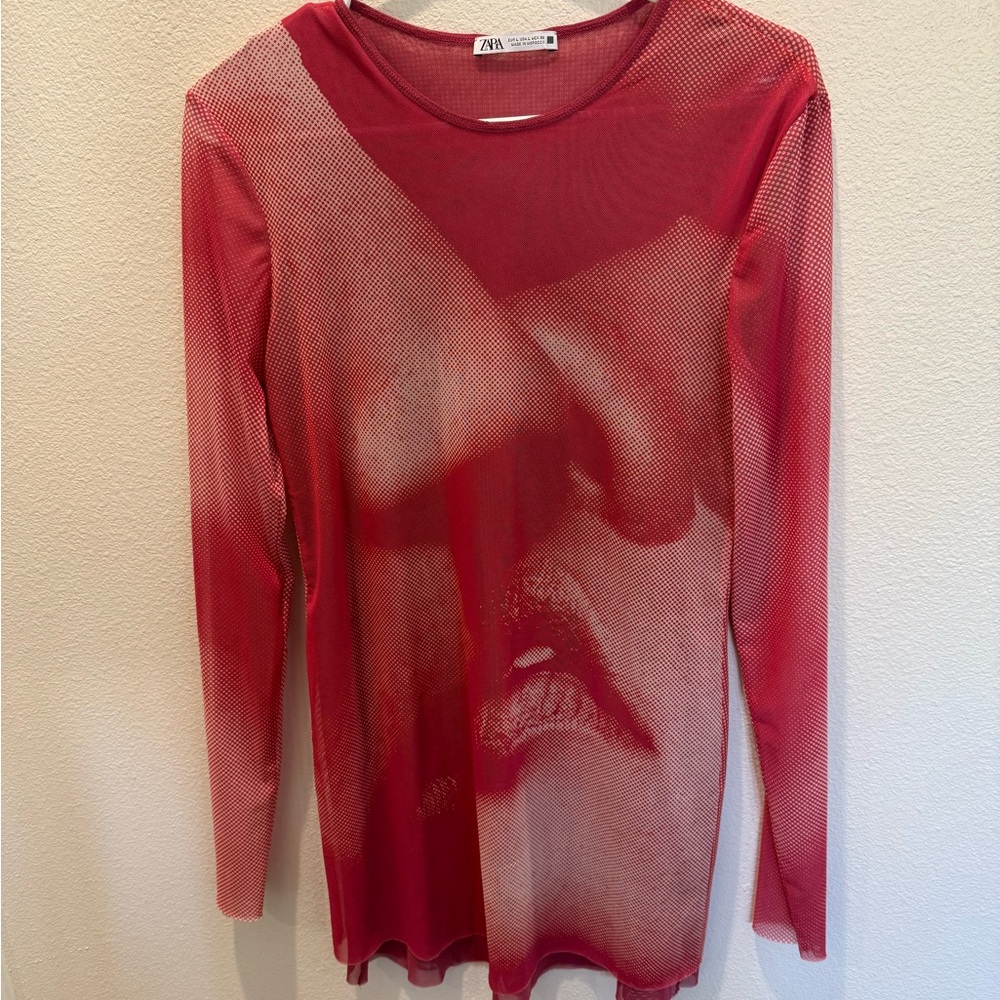 Zara Red Artistic Long Sleeve Top